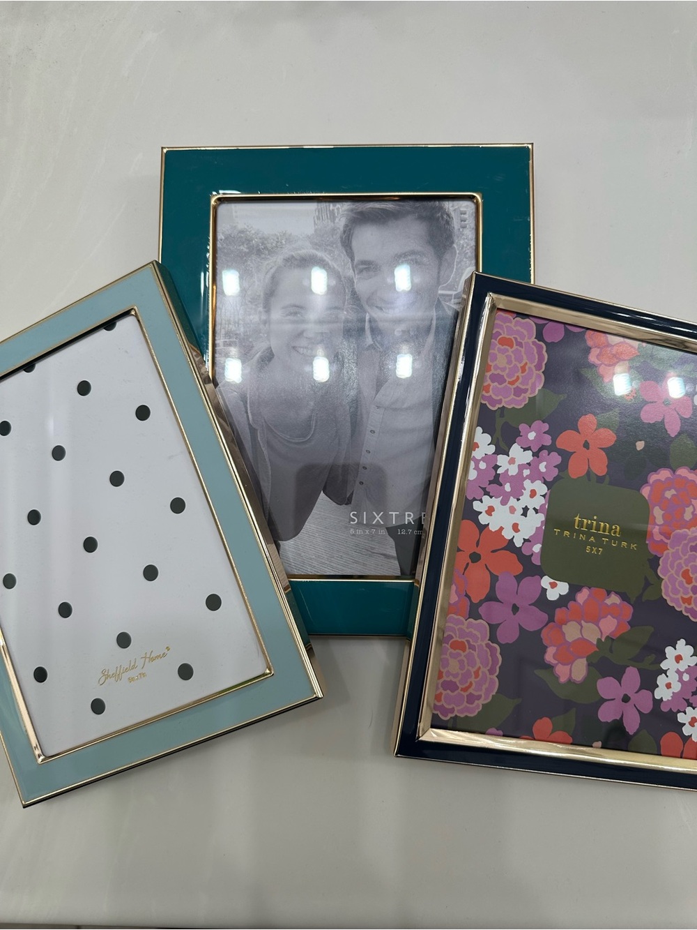 Set of 3 Picture Frames Teal Light Blue Navy Gold Photo Frames 5x7